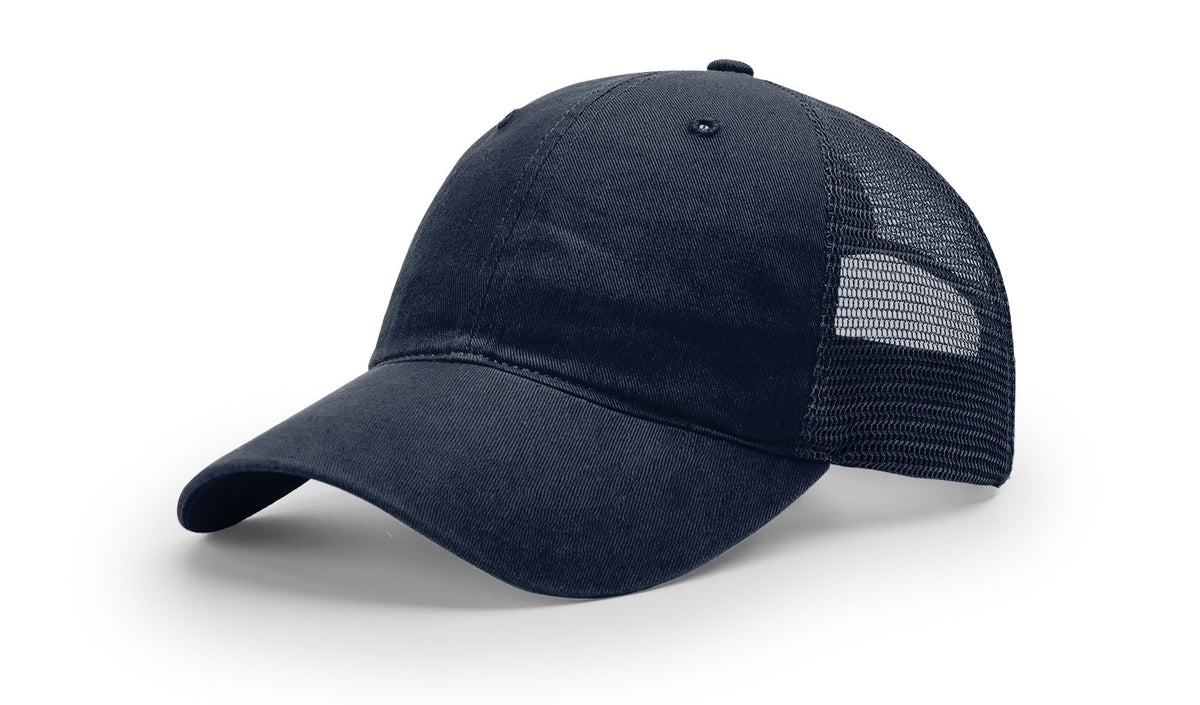 Navy Richardson 111 garment-washed trucker hat, front view