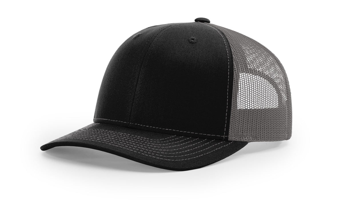 Black and Charcoal Richardson 112 trucker hat blank