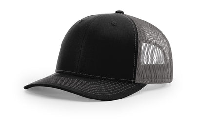 Black and Charcoal Richardson 112 trucker hat blank