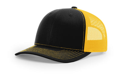 Black and Gold Richardson 112 trucker hat blank