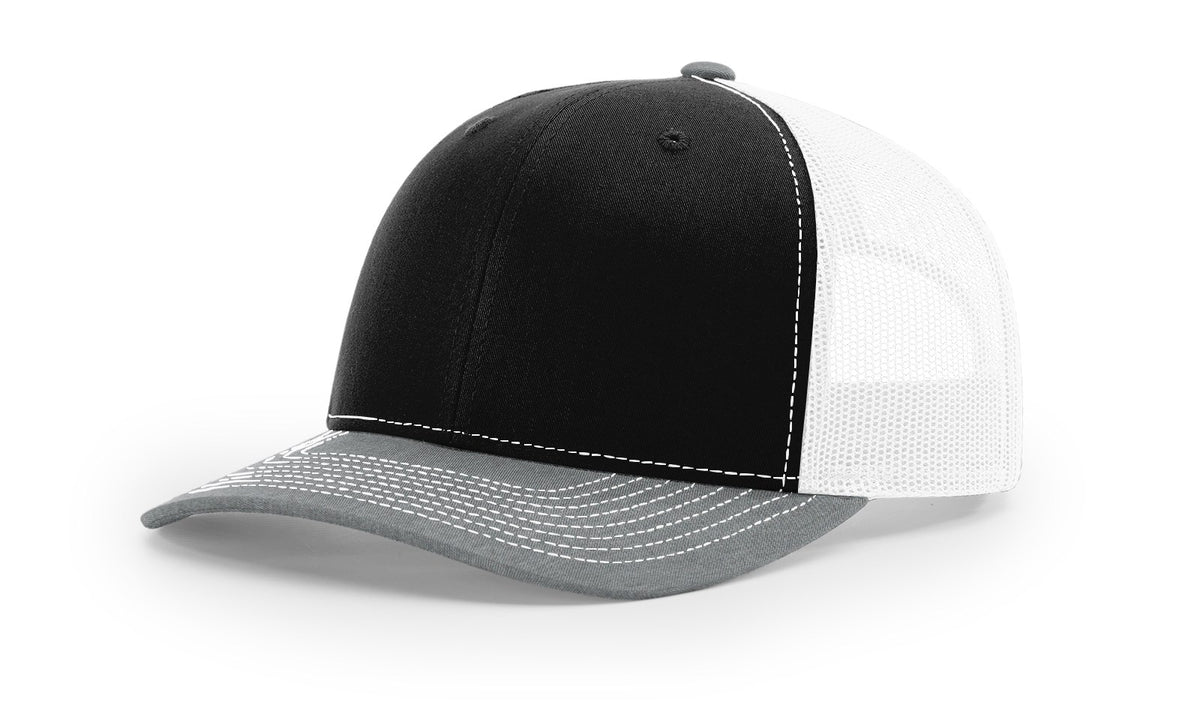 Black, Grey and White Richardson 112 trucker hat blank