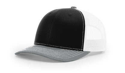 Black, Grey and White Richardson 112 trucker hat blank