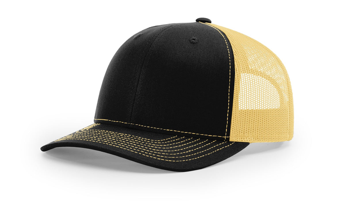 Black and Vegas Gold Richardson 112 trucker hat blank