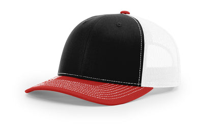 Black, White and Red Richardson 112 trucker hat blank