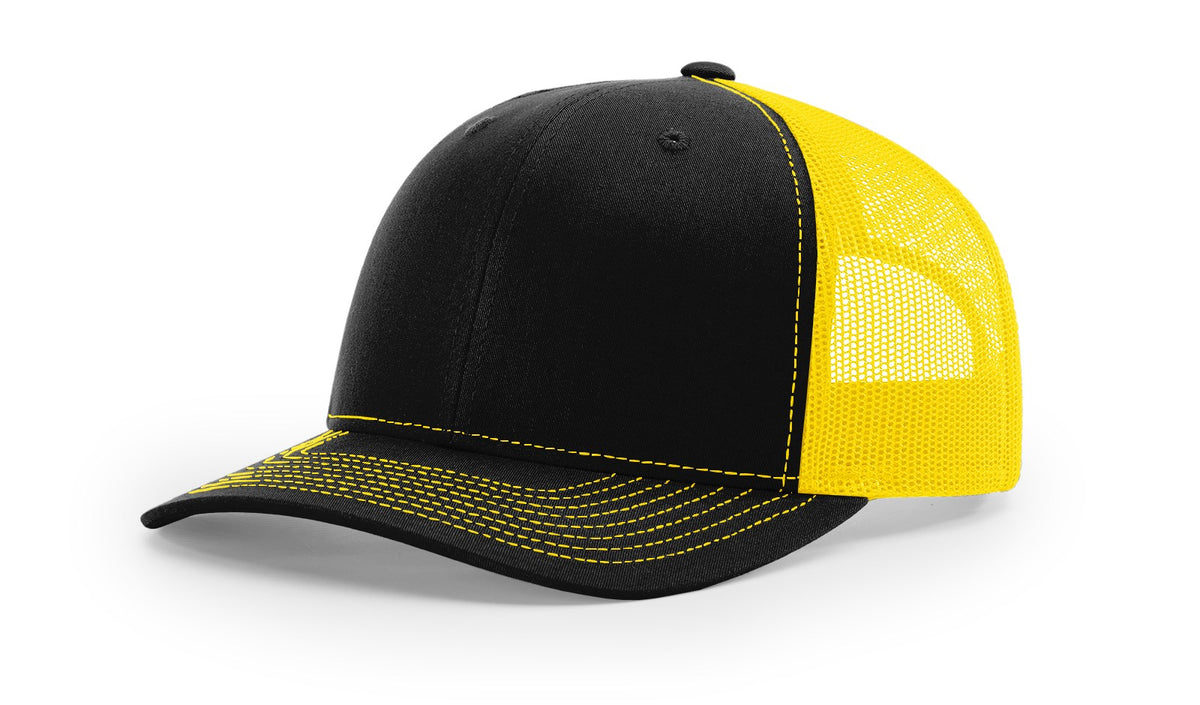 Black and Yellow Richardson 112 trucker hat blank