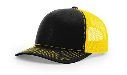 Black and Yellow Richardson 112 trucker hat blank