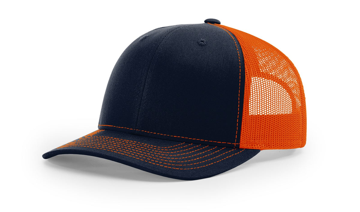 Navy and Orange Richardson 112 trucker hat blank