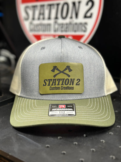 Loden Richardson 112FP hat with engraved Station 2 olive leatherette patch