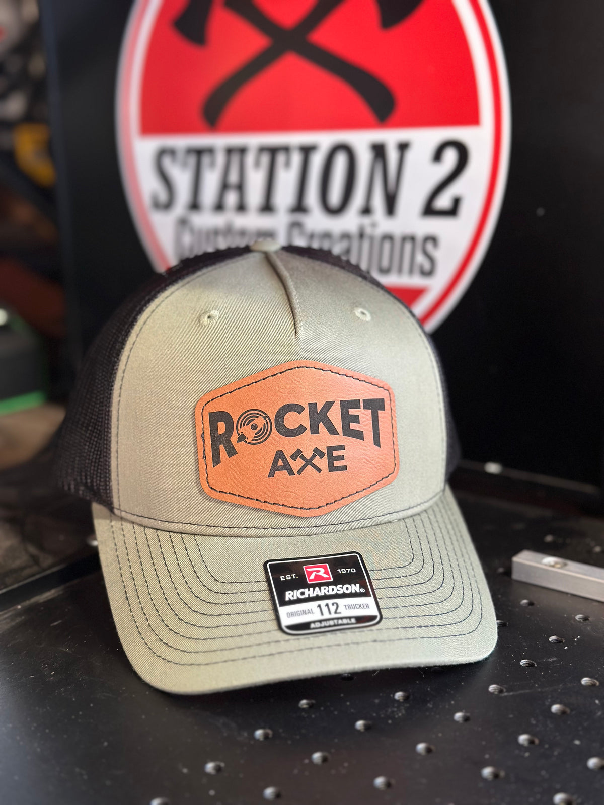 Richardson 112FP hat with engraved Rocket Axe leatherette patch