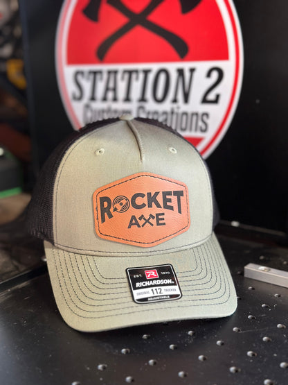 Richardson 112FP hat with engraved Rocket Axe leatherette patch