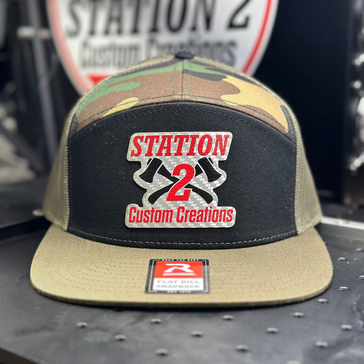 Camo Richardson 168 seven-panel hat with full-color Station 2 Custom Creations patch