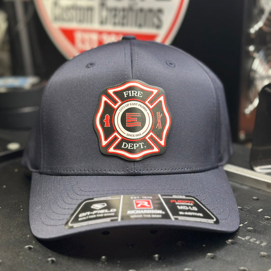 Charcoal Richardson 632 laser perf R-Flex hat with full-color fire department patch