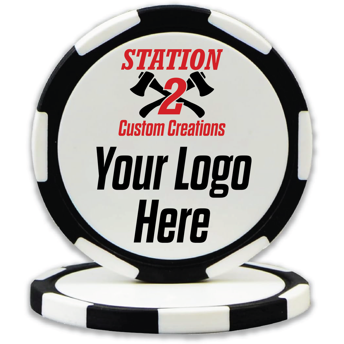 Black custom UV printed poker chip with a full-color Your Logo Here design