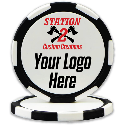 Black custom UV printed poker chip with a full-color Your Logo Here design