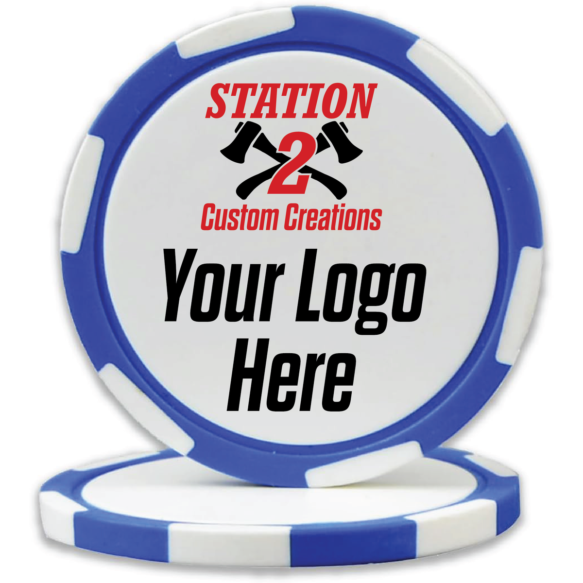 Blue custom UV printed poker chip with a full-color logo