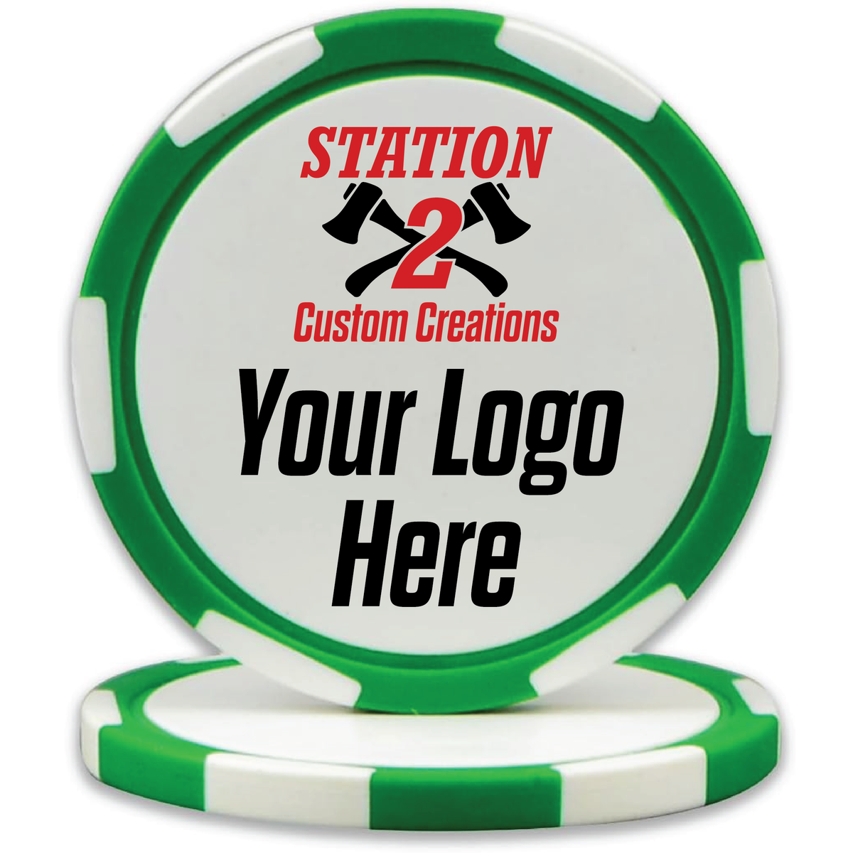 Green custom UV printed poker chip with a full-color logo