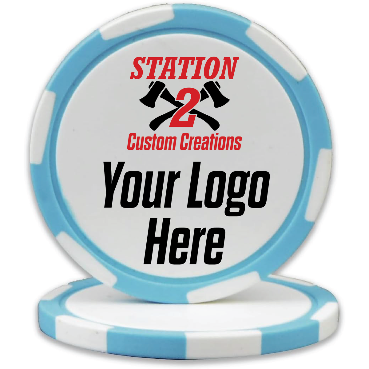 Light Blue custom UV printed poker chip with a full-color logo