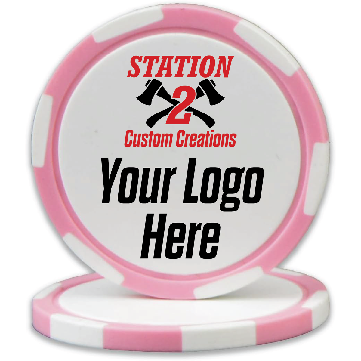 Pink custom UV printed poker chip with a full-color logo