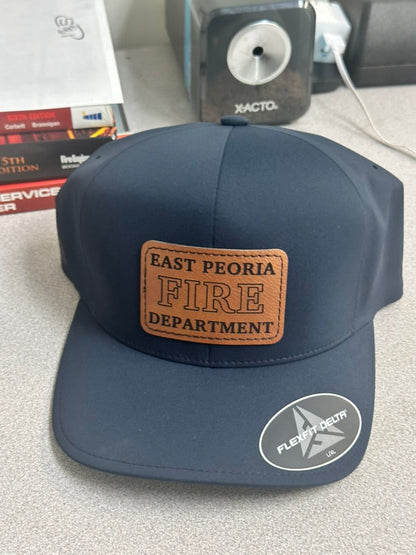 Navy Flexfit Delta hat with engraved East Peoria Fire Department patch