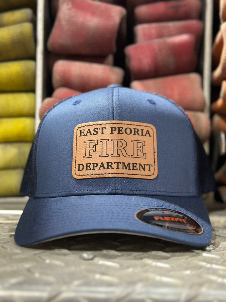 Navy Flexfit hat with engraved East Peoria Fire Department leatherette patch