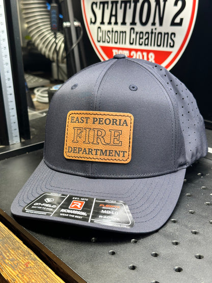 Grey Richardson 632 laser perf hat with engraved East Peoria Fire Department patch