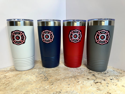 East Peoria Fire tumblers in white, navy, red and gray with full-color Maltese cross
