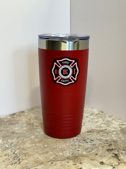 Red East Peoria Fire tumbler with full-color printed Maltese cross