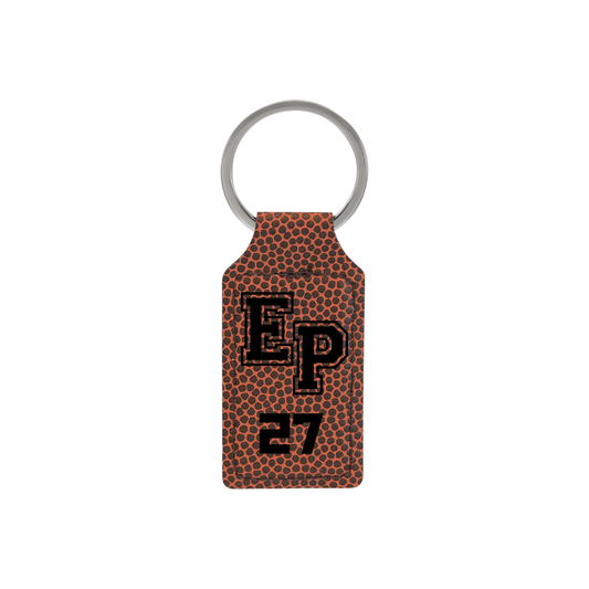 Dark brown leatherette East Peoria EP keychain engraved with football player number 27