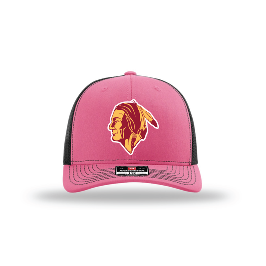Hot Pink and Black Richardson 112 hat with full-color East Peoria Raiders mascot patch