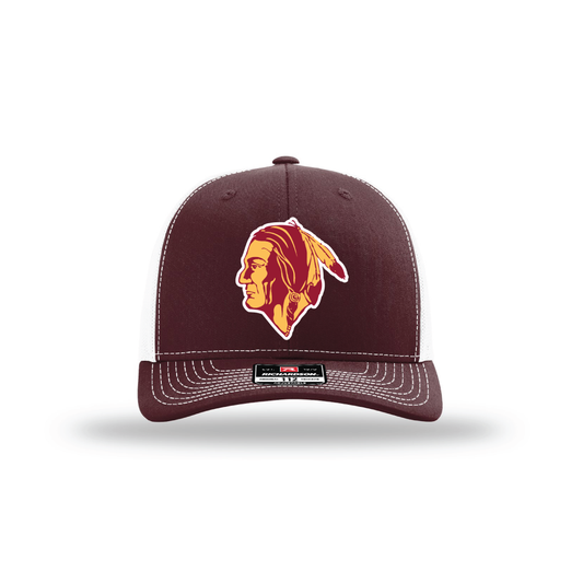 Maroon and White Richardson 112 hat with full-color East Peoria Raiders mascot patch