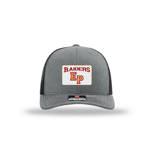 Heather Grey and Black Richardson 112 hat with retro East Peoria Raiders full-color patch
