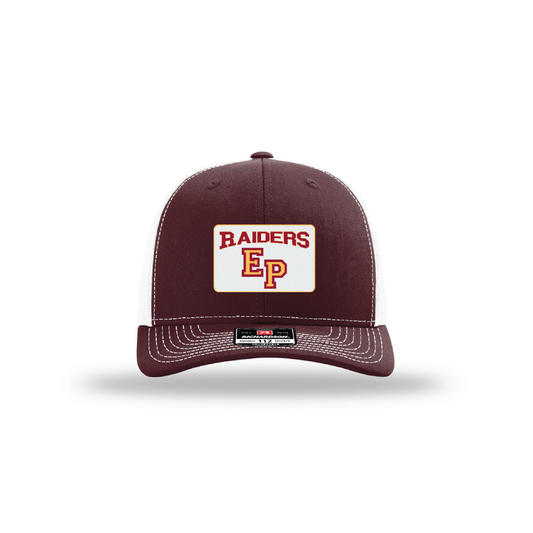 Maroon and White Richardson 112 hat with retro East Peoria Raiders full-color patch
