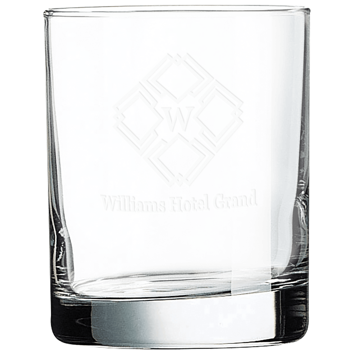 Engraved 10.5oz on the rocks glass with a custom logo