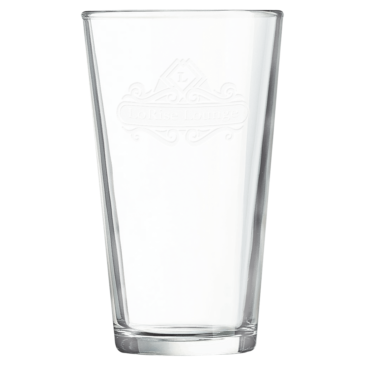 Engraved 16oz pint glass with a custom logo etched on the glass