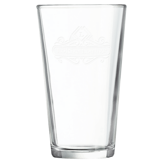 Engraved 16oz pint glass with a custom logo etched on the glass
