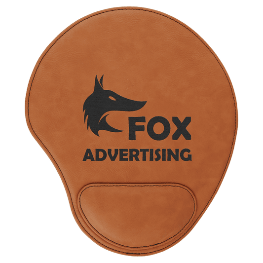 Rawhide leatherette mouse pad with wrist rest, laser engraved with a sample business logo