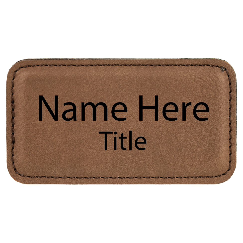 Dark Brown leatherette name tag, 3.25 x 1.75 inch, laser engraved with name and title