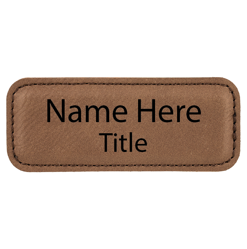 Dark Brown leatherette name tag, 3.25 x 1.25 inch, laser engraved with name and title