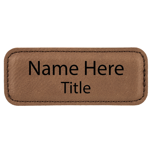 Dark Brown leatherette name tag, 3.25 x 1.25 inch, laser engraved with name and title