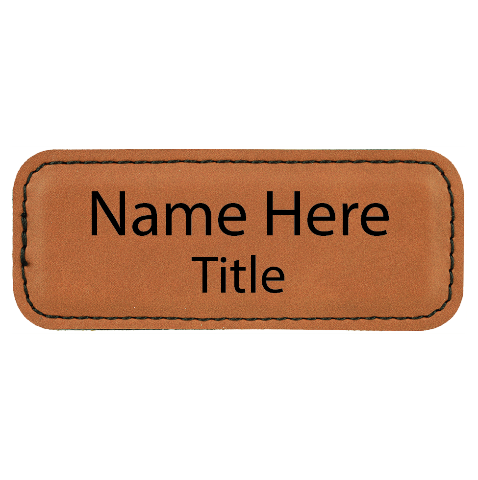 Rawhide leatherette name tag, 3.25 x 1.25 inch, laser engraved with name and title