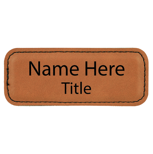 Rawhide leatherette name tag, 3.25 x 1.25 inch, laser engraved with name and title