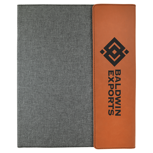 Rawhide and gray leatherette portfolio with notepad, engraved business logo