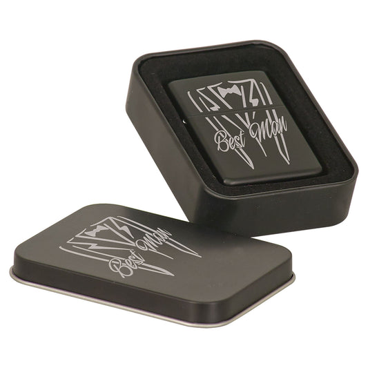 Matte black lighter and matching black gift tin, both custom laser engraved