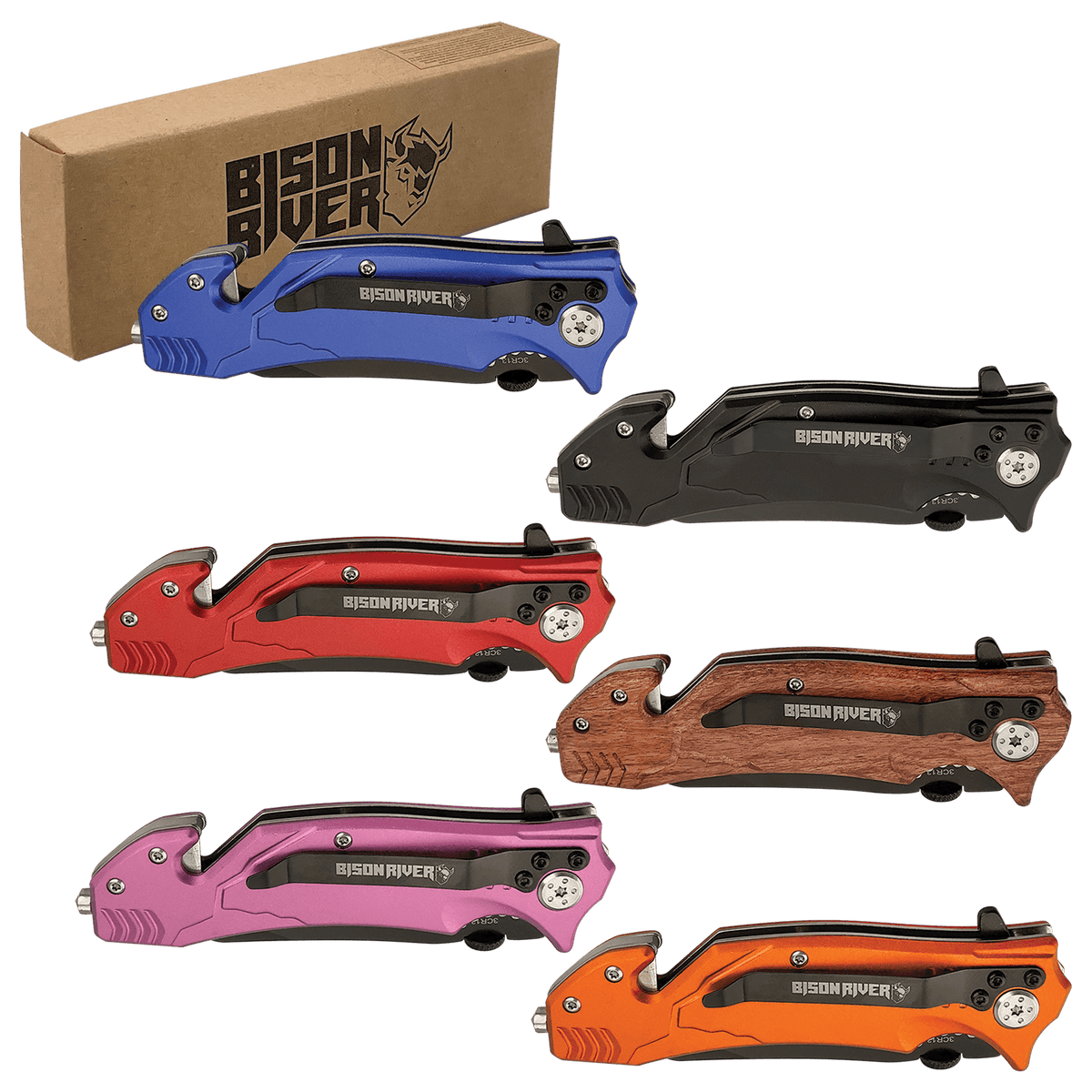 Bison River rescue knives in black, blue, red, wood grain, pink and orange with gift box