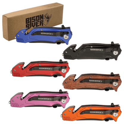 Bison River rescue knives in black, blue, red, wood grain, pink and orange with gift box