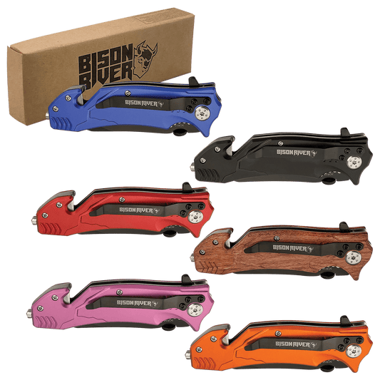 Bison River rescue knives in black, blue, red, wood grain, pink and orange with gift box