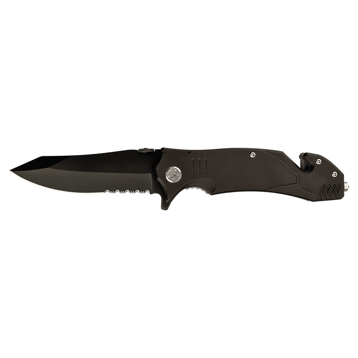 Black Bison River rescue knife with seatbelt cutter, custom engraved handle