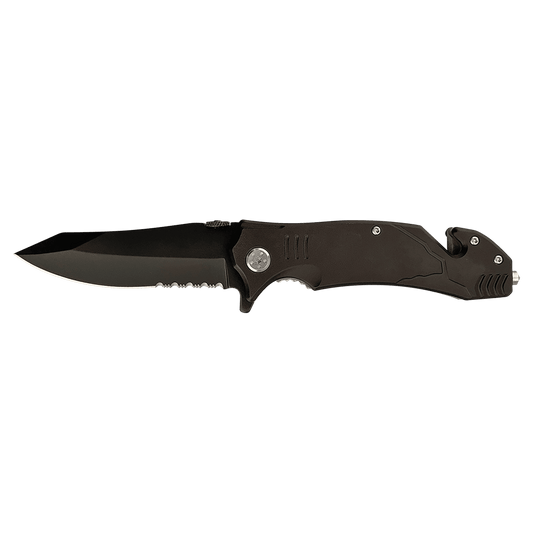 Black Bison River rescue knife with seatbelt cutter, custom engraved handle