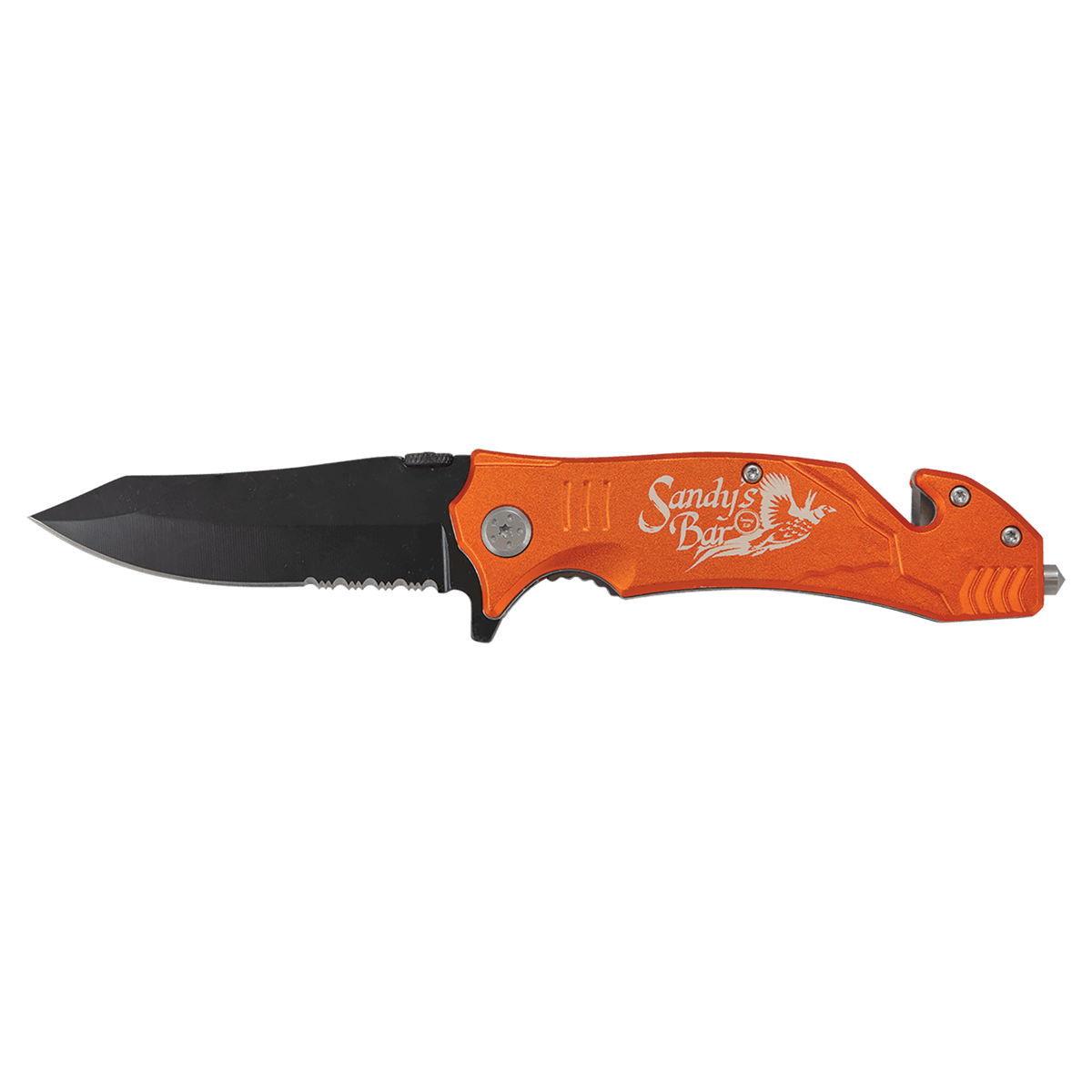Orange Bison River rescue knife with seatbelt cutter and glass breaker