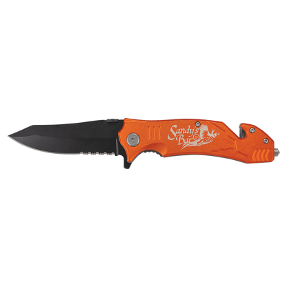 Orange Bison River rescue knife with seatbelt cutter and glass breaker